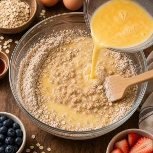 Egg and milk mixture poured into oat pancake dry ingredients