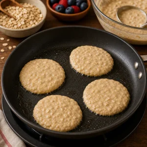 Oat pancake batter rounds cooking in a greased skillet