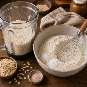 Pulsed oats in a blender beside dry pancake ingredients
