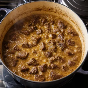 Carne e cebola cozinhando em molho de mostarda