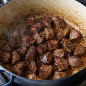 Cubos de carne dourando na panela pesada