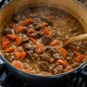 Cenouras cozinhando com a carne no ensopado