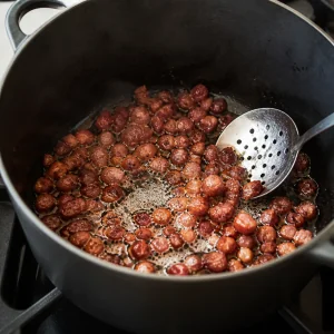 Bacon em cubos soltando gordura em uma panela pesada