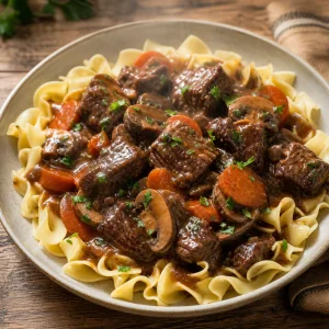 Dijon beef stew with carrots and mushrooms over wide egg noodles