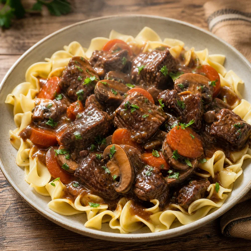 Dijon beef stew with carrots and mushrooms over wide egg noodles