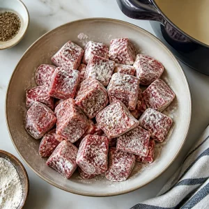 Cubos de carne enfarinhados e temperados antes de dourar