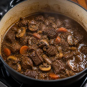 Cogumelos misturados ao ensopado de carne finalizado