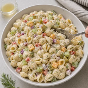 Salada fria de macarrão com picles mexida antes de servir
