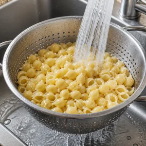 Macarrão cozido sendo lavado com água fria em um escorredor
