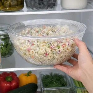 Tigela coberta de salada de macarrão gelando na geladeira