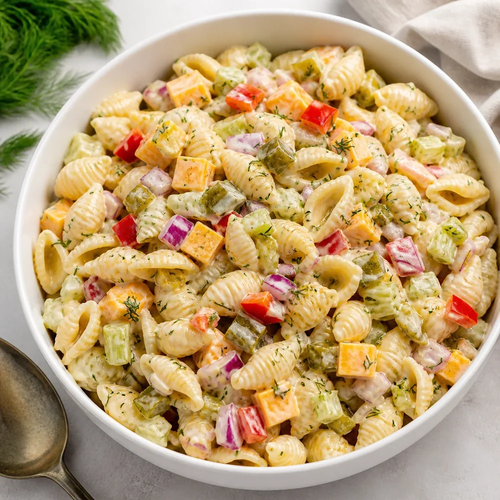 Salada de macarrão com picles pronta em uma tigela branca