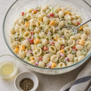 Salada de macarrão misturada com salmoura e pimenta para temperar