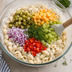 Picles, cheddar, legumes e endro adicionados ao macarrão cremoso