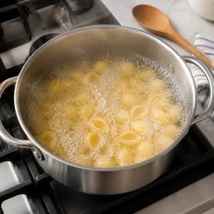 Conchinhas de macarrão fervendo em água salgada
