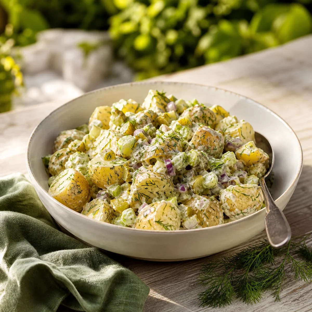 Creamy dill pickle potato salad in a ceramic serving bowl