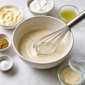 Creamy pickle dressing with a whisk and a reserved portion