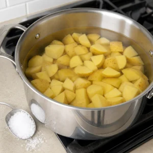 Cut potatoes covered with cold salted water in a pot
