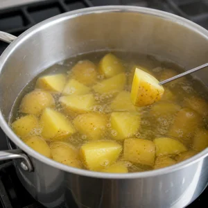Potato chunks simmering while one piece is tested for tenderness