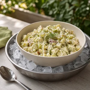 Potato salad serving bowl nested in a larger bowl of ice