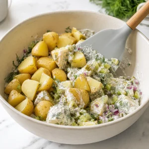 Potatoes being folded into the pickle and dill dressing