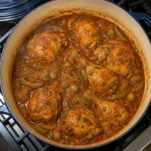 Chicken braising in thick tomato-pepper sauce with green olives