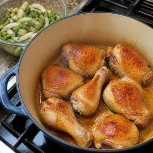 Chicken pieces browning in a pot with seasoned vegetables set aside