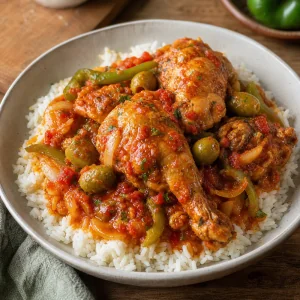 Dominican pollo guisado with tomato-pepper sauce and olives over white rice