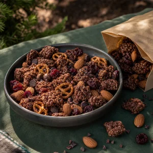 Ciotola di mix doppio cioccolato e ciliegie con pretzel e mandorle