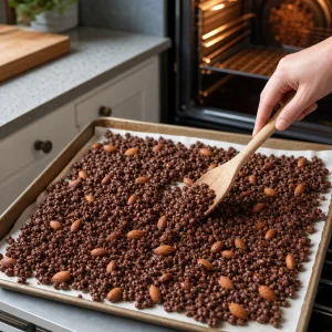 Cocoa-coated cereal and almonds stirred on a parchment-lined sheet pan