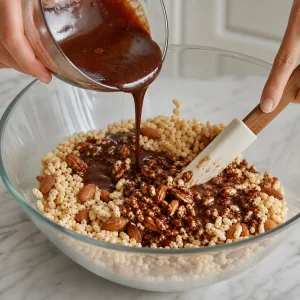 Cocoa glaze poured over rice cereal and almonds in a mixing bowl