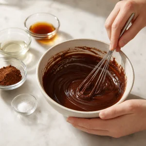 Glossy cocoa glaze being whisked in a small ceramic bowl