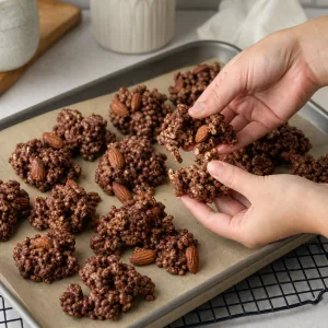 Hands breaking cooled cocoa cereal clusters on a baking pan