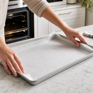 Hands lining a rimmed sheet pan with parchment beside an open oven