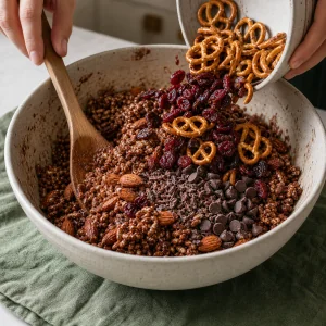 Pretzels and dried cherries added to chocolate trail mix in a bowl
