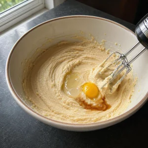 크림화한 버터와 설탕에 달걀과 바닐라를 넣은 모습