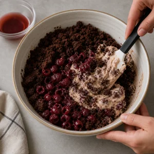 Cherry chocolate crumb filling being folded with creamy condensed milk mixture