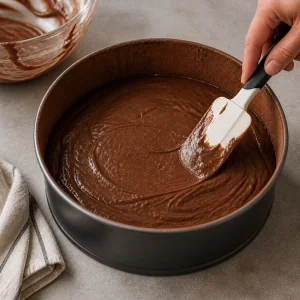 Chocolate cake batter smoothed into a prepared round pan