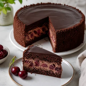 Finished chocolate cherry cake with a sliced piece showing cherry filling