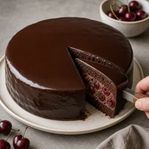 Glossy chocolate cherry cake being sliced to show the filling