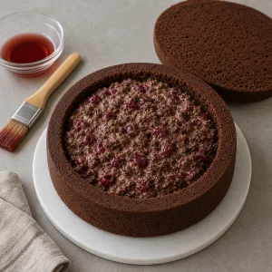 Hollow chocolate cake filled with cherry chocolate cream
