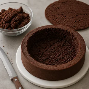 Hollowed chocolate cake shell with cake crumbs in a bowl