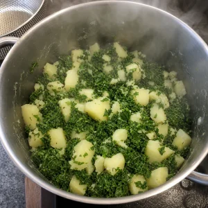 Papas y kale escurridos soltando vapor en una olla caliente