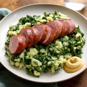 Stamppot neerlandais avec saucisse fumee tranchee et moutarde dans une assiette