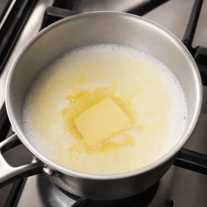 Leche calentandose con mantequilla derritiendose en un cazo pequeno