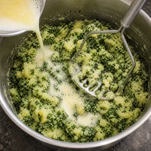 Pure de papa y kale mezclandose con leche caliente y mantequilla derretida