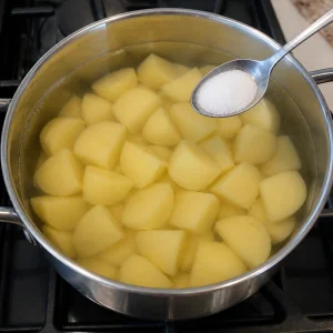 Trozos de papa cubiertos con agua en una olla mientras se anade sal