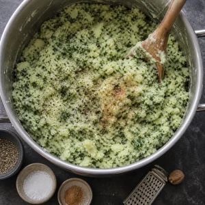 Stamppot rustico de papa y kale sazonado con sal, pimienta y nuez moscada