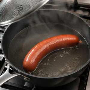 Salchicha ahumada calentandose en una sarten con poca agua