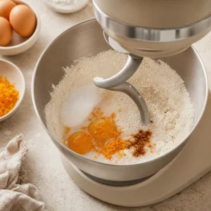 Colomba dough ingredients mixing in a stand mixer bowl