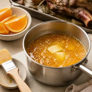 Glossy orange honey glaze simmering in a small saucepan